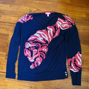 Lilly Pulitzer Navy and Pink V-Neck Tiger Sweater